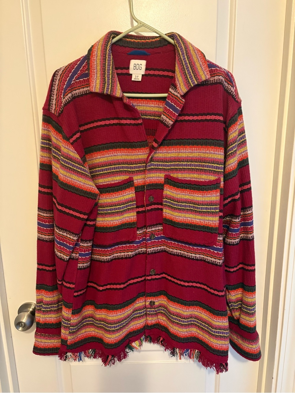 BDG Multicolor Striped Button-Up Sweater Jacket - Red Base